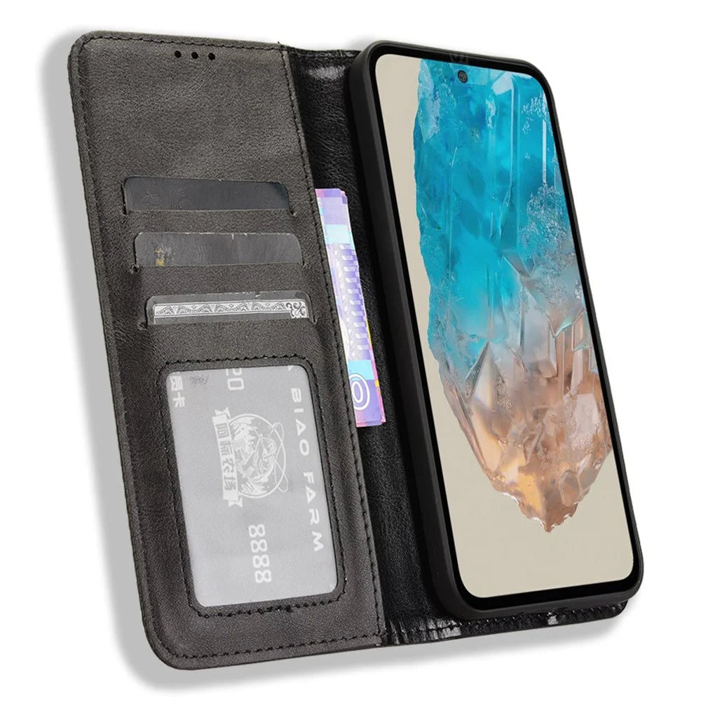 For Samsung Galaxy M35 5G Wallet Case Retro PU Leather Stand Phone Cover - Black - 2