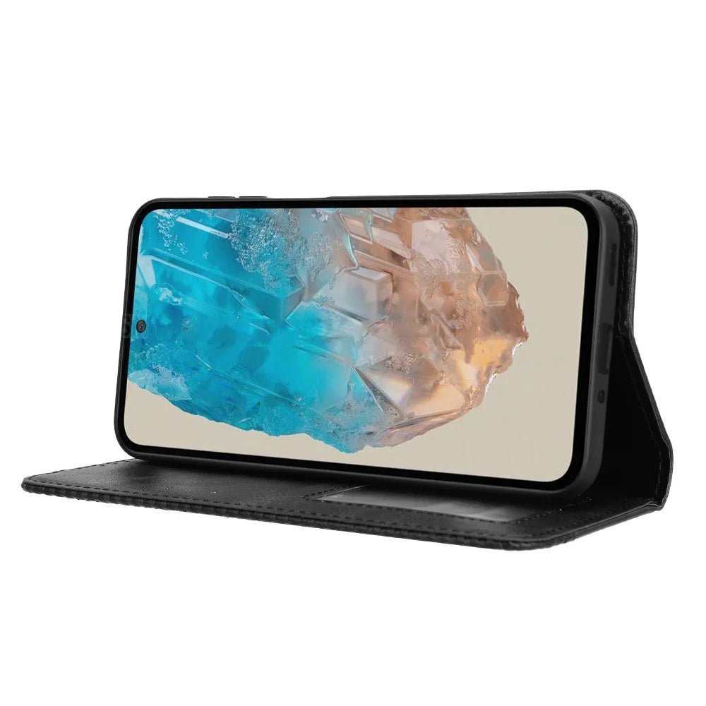 For Samsung Galaxy M35 5G Wallet Case Retro PU Leather Stand Phone Cover - Black - 3