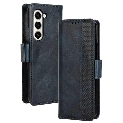 For Samsung Galaxy Z Fold6 5G Phone Case Vintage PU Leather Wallet Stand Shockproof Cover - Blue - 1