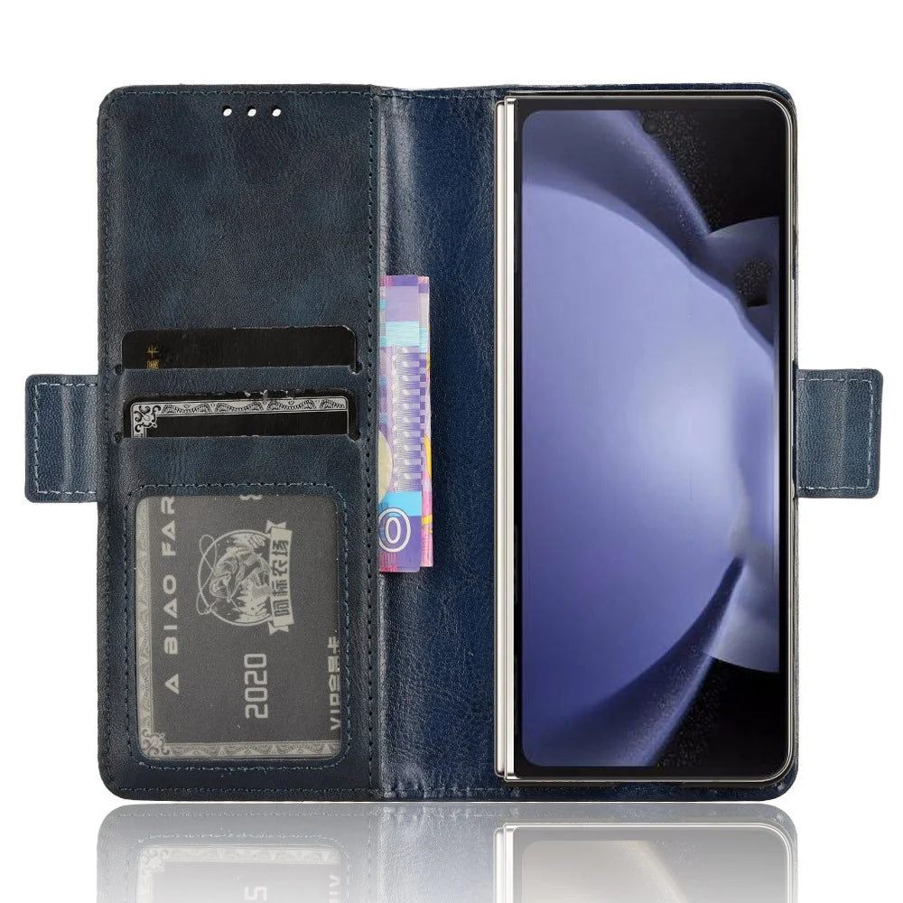 For Samsung Galaxy Z Fold6 5G Phone Case Vintage PU Leather Wallet Stand Shockproof Cover - Blue - 2