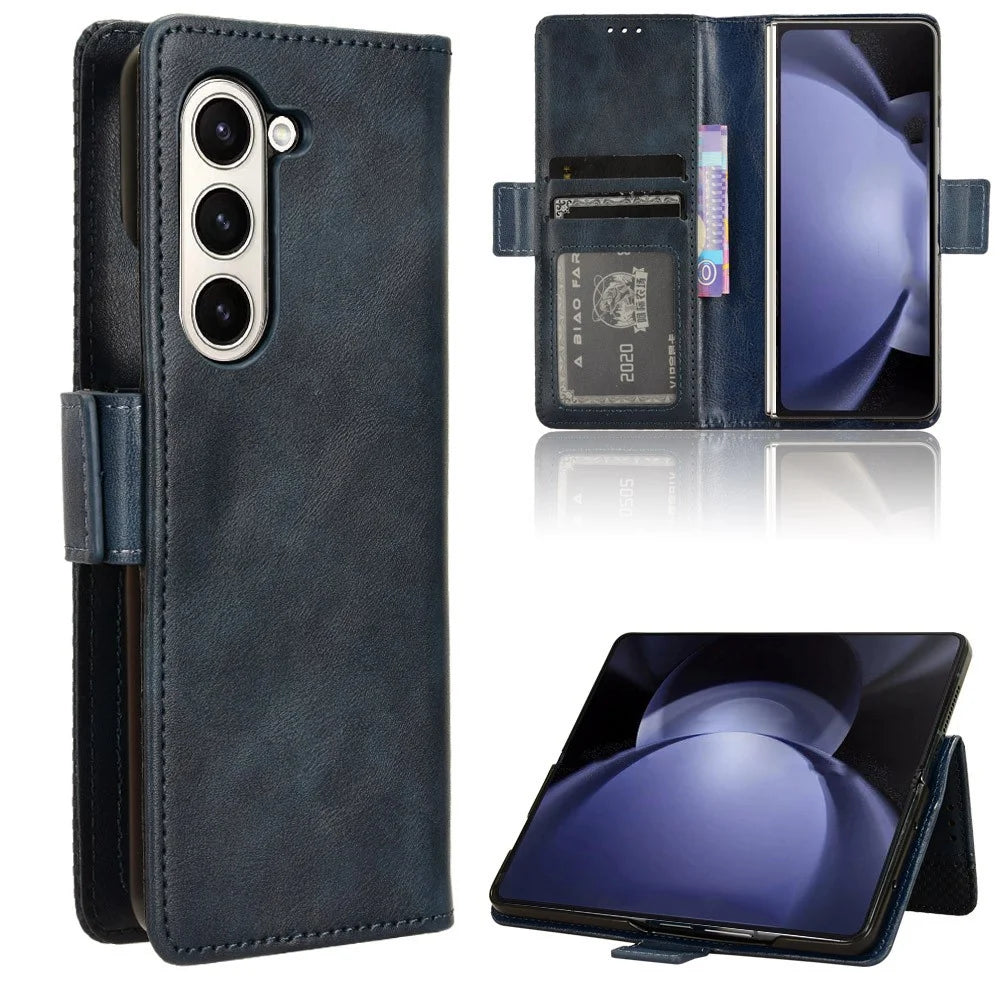 For Samsung Galaxy Z Fold6 5G Phone Case Vintage PU Leather Wallet Stand Shockproof Cover - Blue - 5