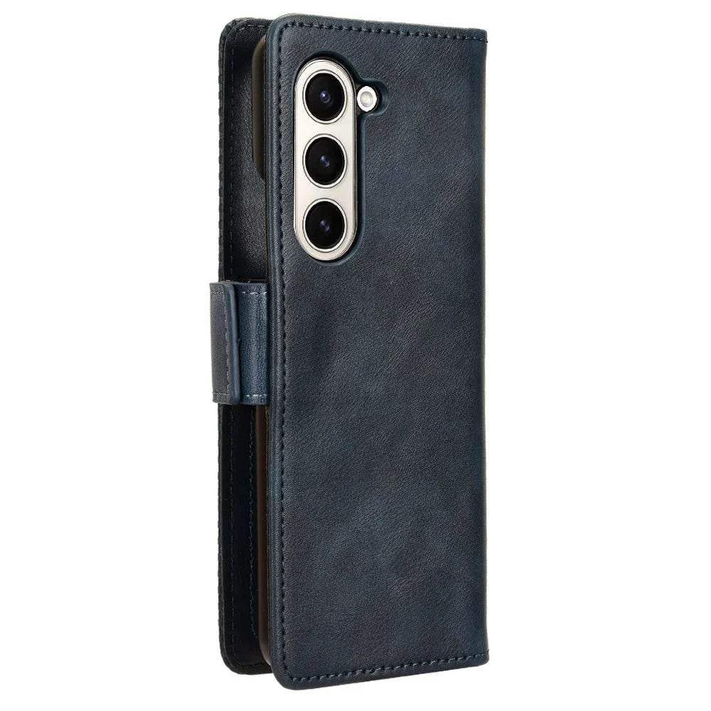For Samsung Galaxy Z Fold6 5G Phone Case Vintage PU Leather Wallet Stand Shockproof Cover - Blue - 7