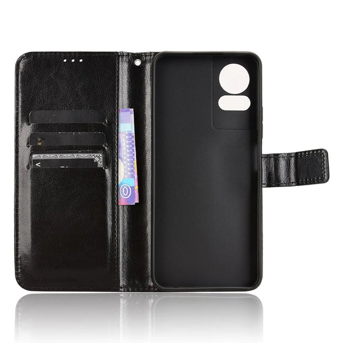 For TCL 50 LE Case Leather Wallet Phone Cover Crazy Horse Texture - Black - 4