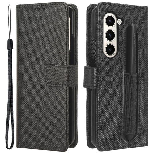 For Samsung Galaxy Z Fold6 5G Case with Pencil Holder, PU Leather Diamond Texture Wallet Phone Cover - Black - 1