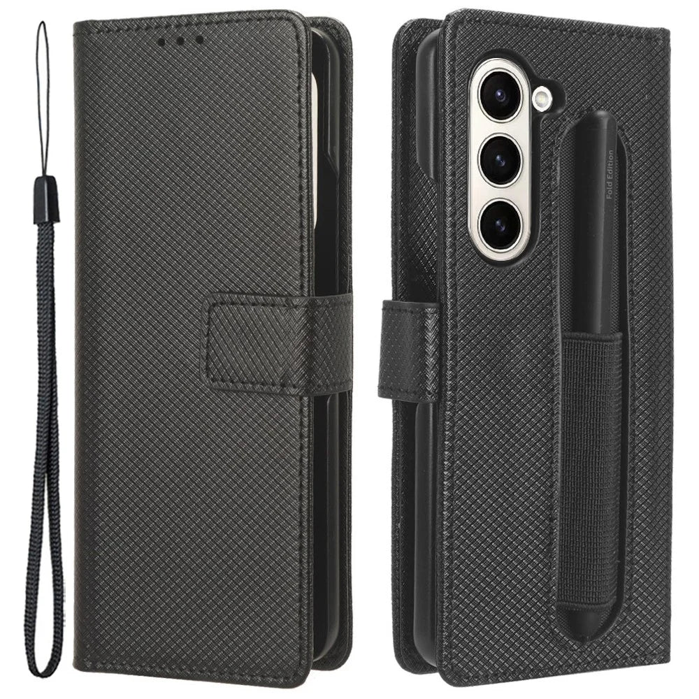 For Samsung Galaxy Z Fold6 5G Case with Pencil Holder, PU Leather Diamond Texture Wallet Phone Cover - Black - 1