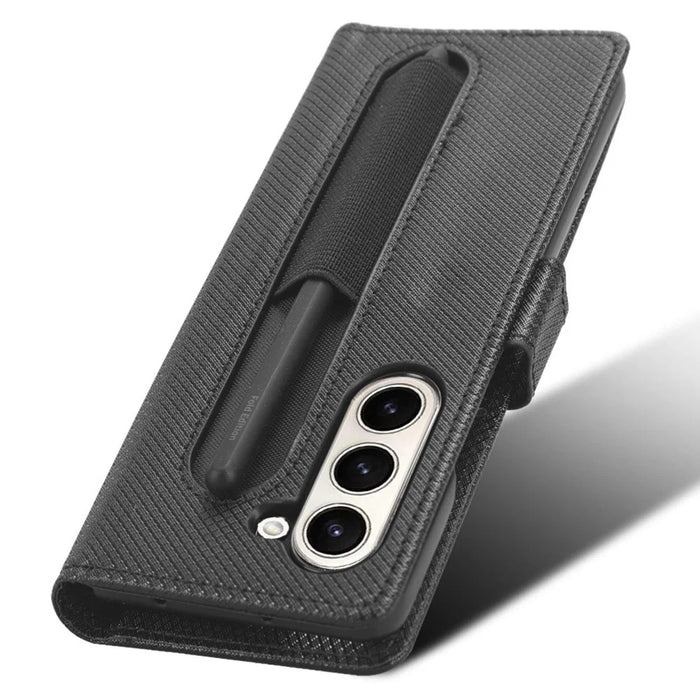 For Samsung Galaxy Z Fold6 5G Case with Pencil Holder, PU Leather Diamond Texture Wallet Phone Cover - Black - 4