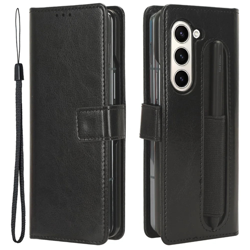 For Samsung Galaxy Z Fold6 5G Phone Case Pencil Slot Stand Leather Cover Crazy Horse Texture - Black - 1