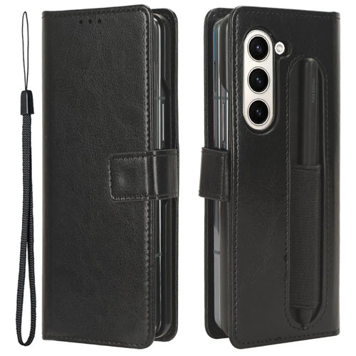 For Samsung Galaxy Z Fold6 5G Phone Case Pencil Slot Stand Leather Cover Crazy Horse Texture - Black - 1