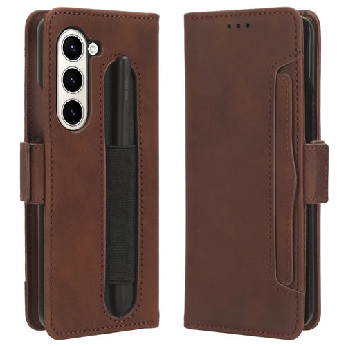 For Samsung Galaxy Z Fold6 5G Stand Case with Pencil Slot Anti-Scratch Leather Phone Cover - Brown - 1