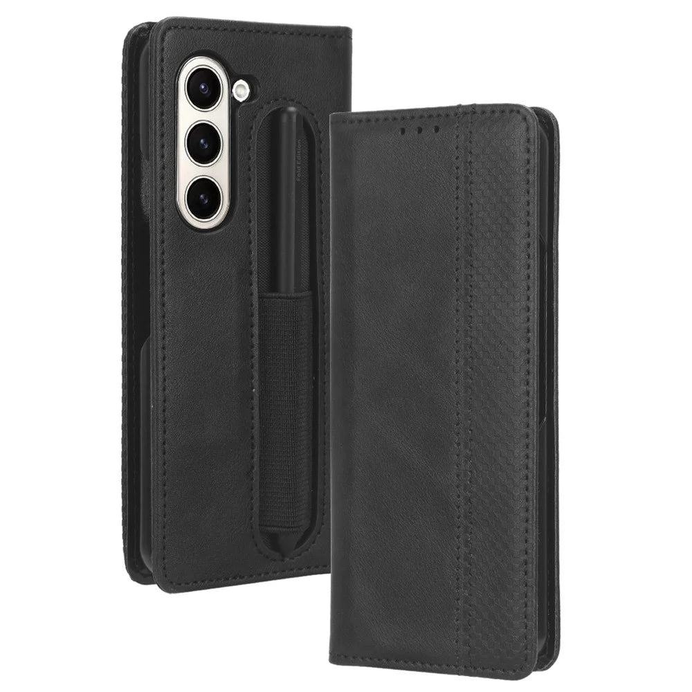 For Samsung Galaxy Z Fold6 5G Case with Pencil Holder Retro PU Leather Phone Cover - Black - 1