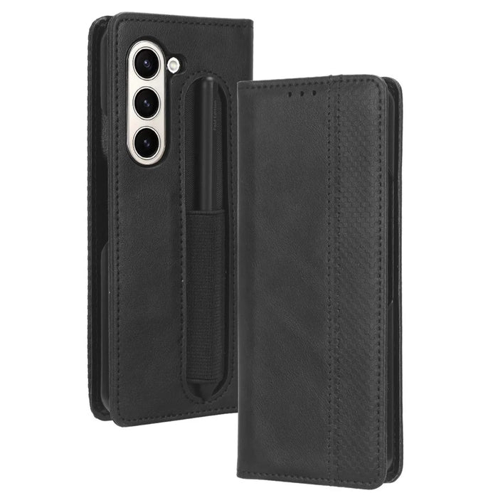 For Samsung Galaxy Z Fold6 5G Case with Pencil Holder Retro PU Leather Phone Cover - Black - 1