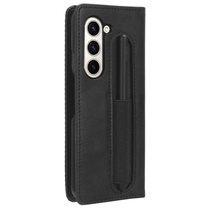 For Samsung Galaxy Z Fold6 5G Case with Pencil Holder Retro PU Leather Phone Cover - Black - 7