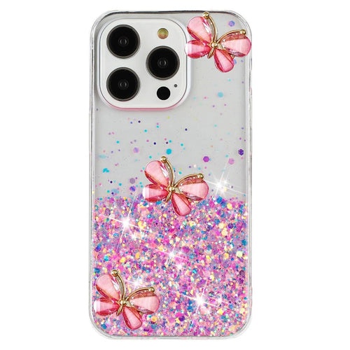 For iPhone 16 Pro Max Case Luminous Effect Sparkle 3D Butterfly TPU Phone Cover - Luminous Pink - 1