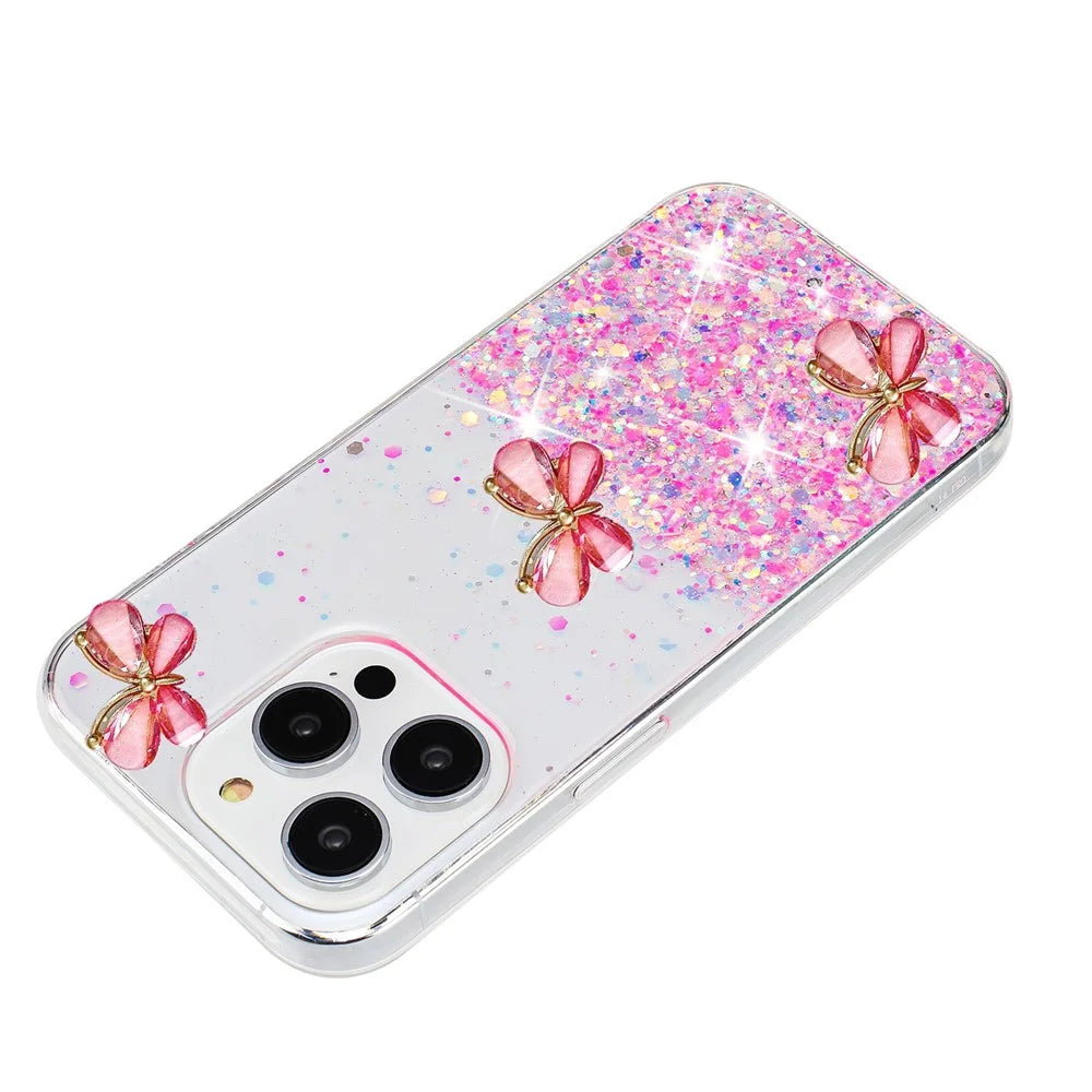 For iPhone 16 Pro Max Case Luminous Effect Sparkle 3D Butterfly TPU Phone Cover - Luminous Pink - 2