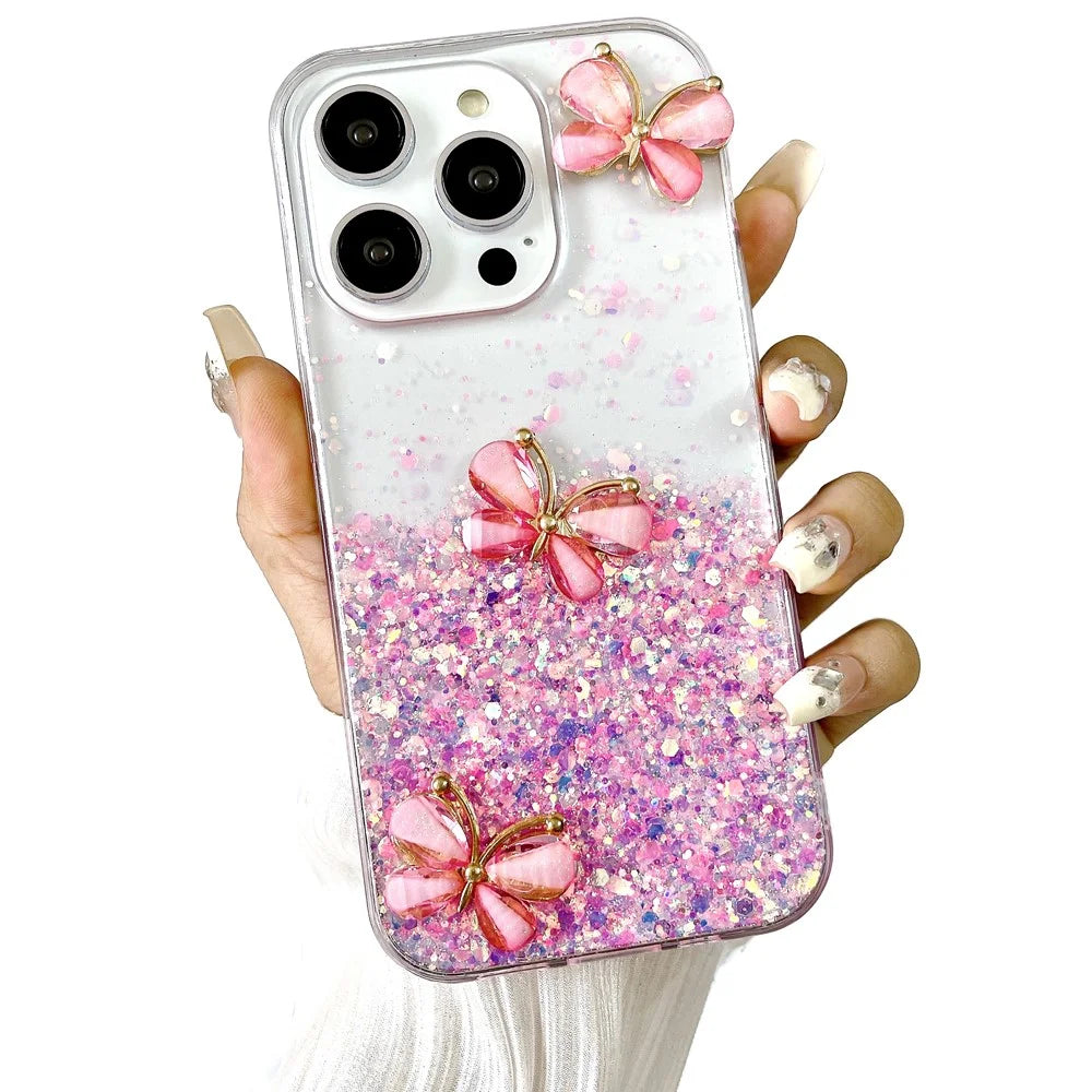 For iPhone 16 Pro Max Case Luminous Effect Sparkle 3D Butterfly TPU Phone Cover - Luminous Pink - 3