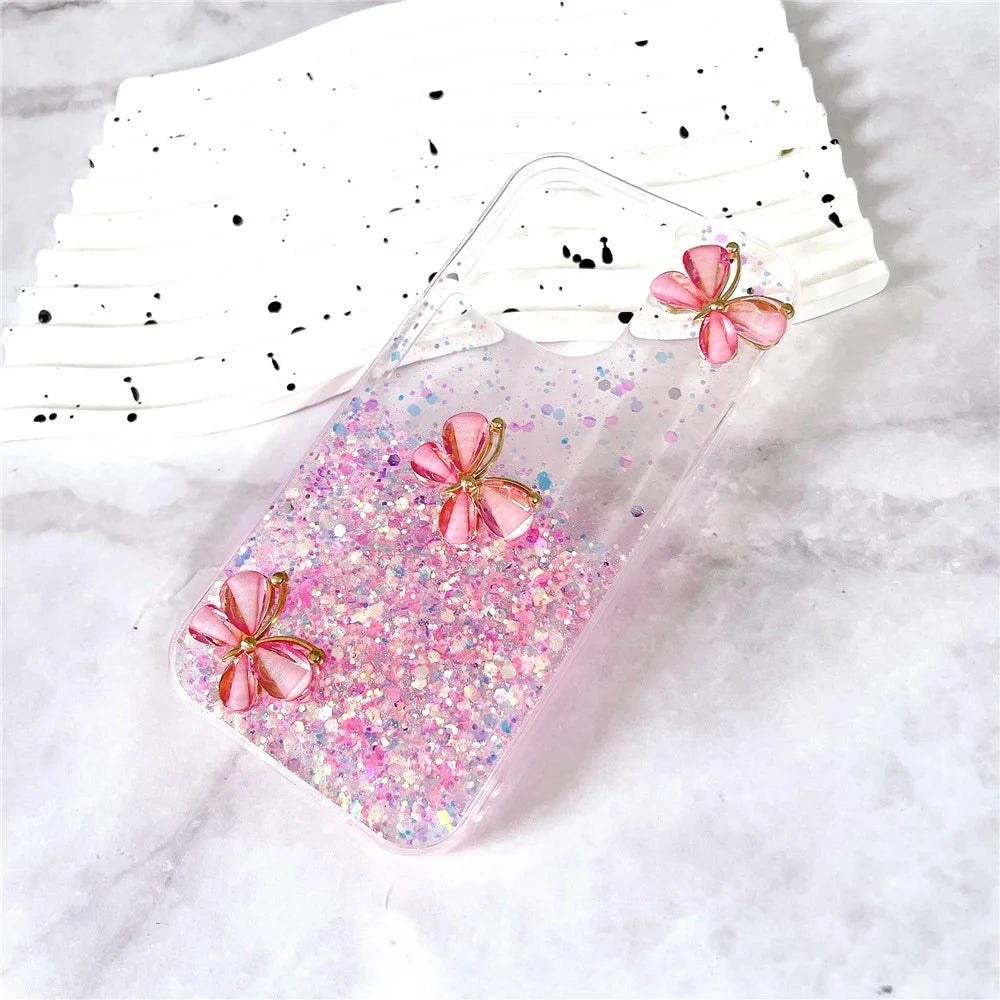 For iPhone 16 Pro Max Case Luminous Effect Sparkle 3D Butterfly TPU Phone Cover - Luminous Pink - 5