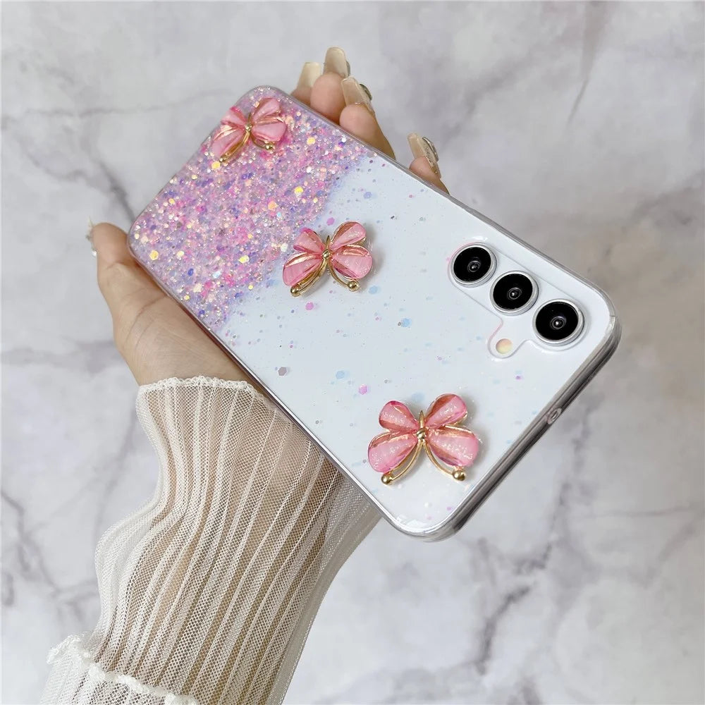 For Samsung Galaxy A55 5G Case Luminous TPU Phone Cover Cute 3D Butterfly Epoxy - Luminous Pink - 5