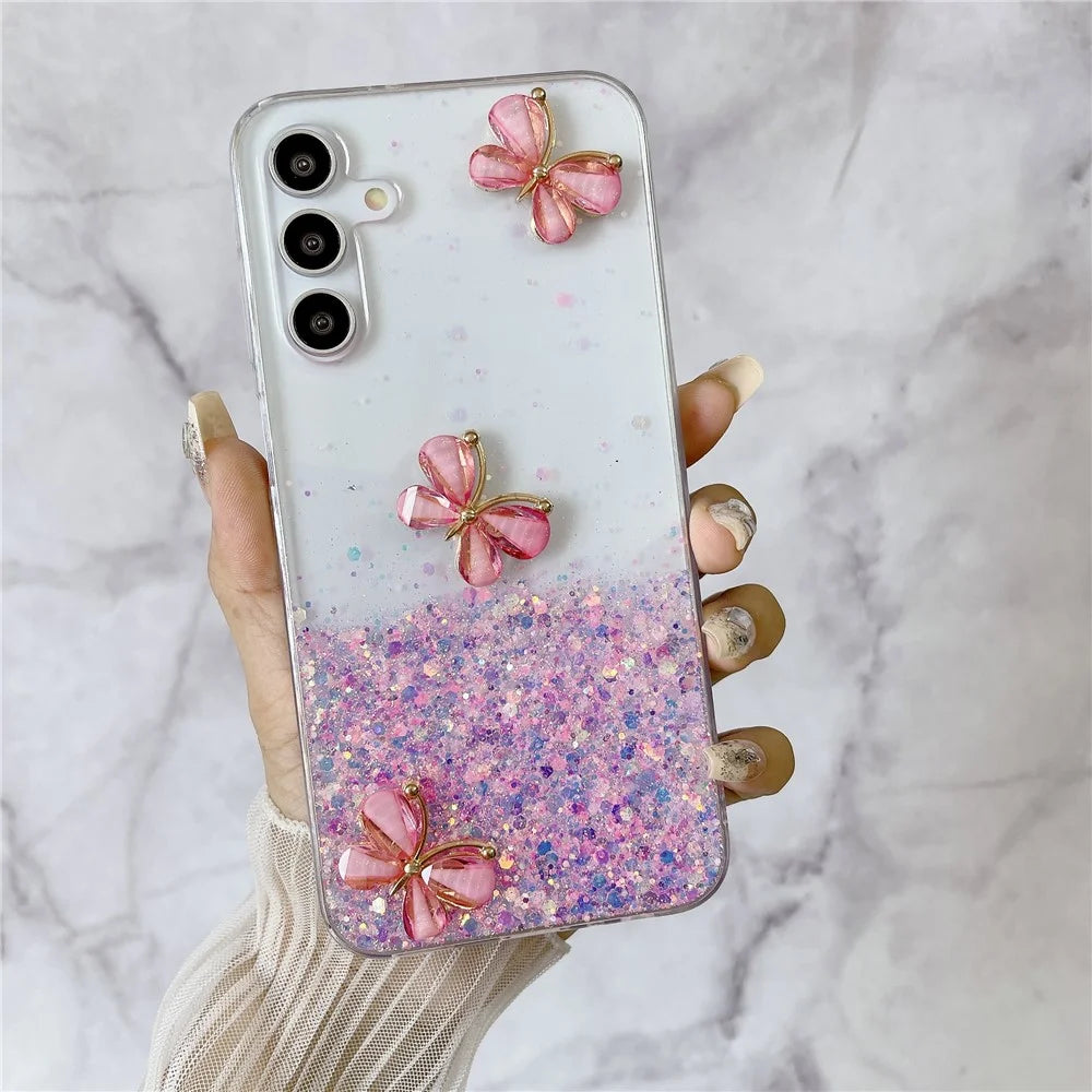 For Samsung Galaxy S24 FE Case Glowing in Dark 3D Butterfly Epoxy TPU Phone Cover - Luminous Pink - 4