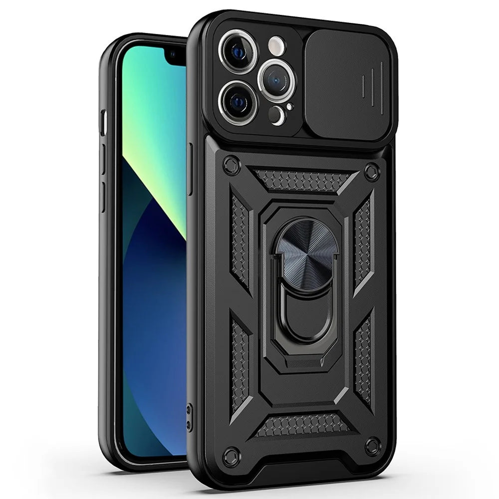 For iPhone 11 Pro Max Case Kickstand PC+TPU Phone Cover with Slide Camera Lid - Black - 1