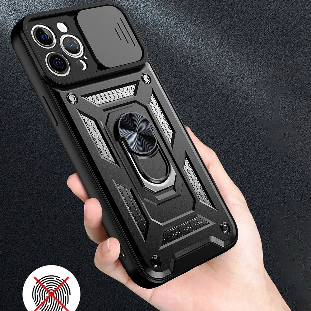 For iPhone 11 Pro Max Case Kickstand PC+TPU Phone Cover with Slide Camera Lid - Black - 5