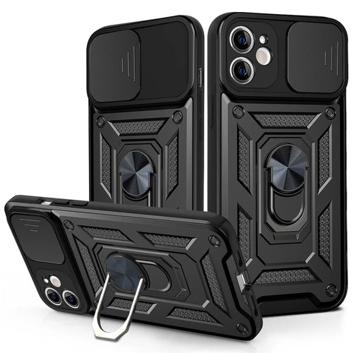 For iPhone 11 Case with Slide Camera Lid PC+TPU Kickstand Phone Cover - Black - 1