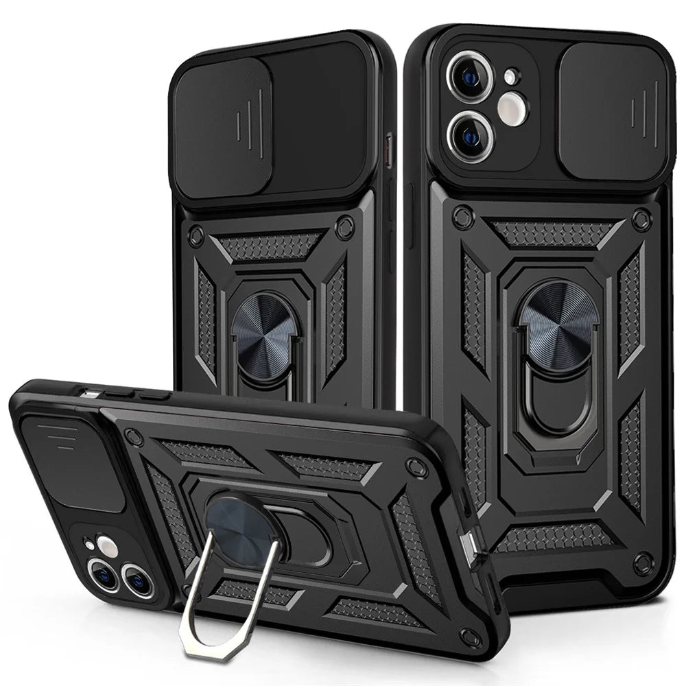 For iPhone 11 Case with Slide Camera Lid PC+TPU Kickstand Phone Cover - Black - 1