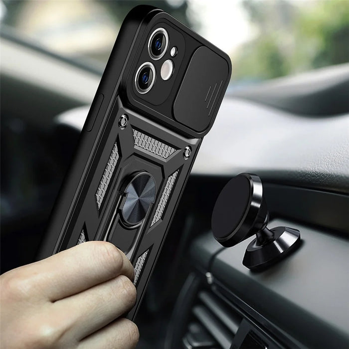For iPhone 11 Case with Slide Camera Lid PC+TPU Kickstand Phone Cover - Black - 3