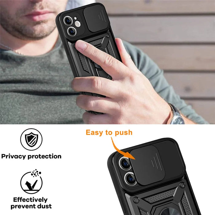 For iPhone 11 Case with Slide Camera Lid PC+TPU Kickstand Phone Cover - Black - 4