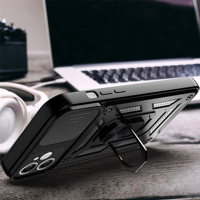 For iPhone 11 Case with Slide Camera Lid PC+TPU Kickstand Phone Cover - Black - 5