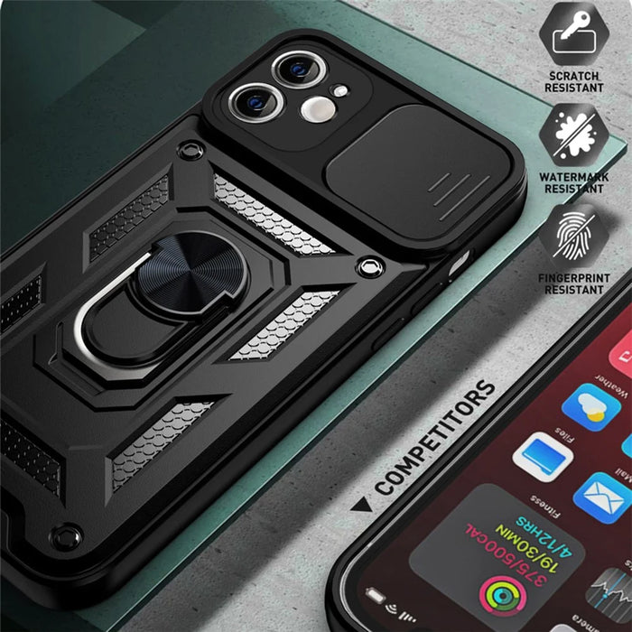For iPhone 11 Case with Slide Camera Lid PC+TPU Kickstand Phone Cover - Black - 6