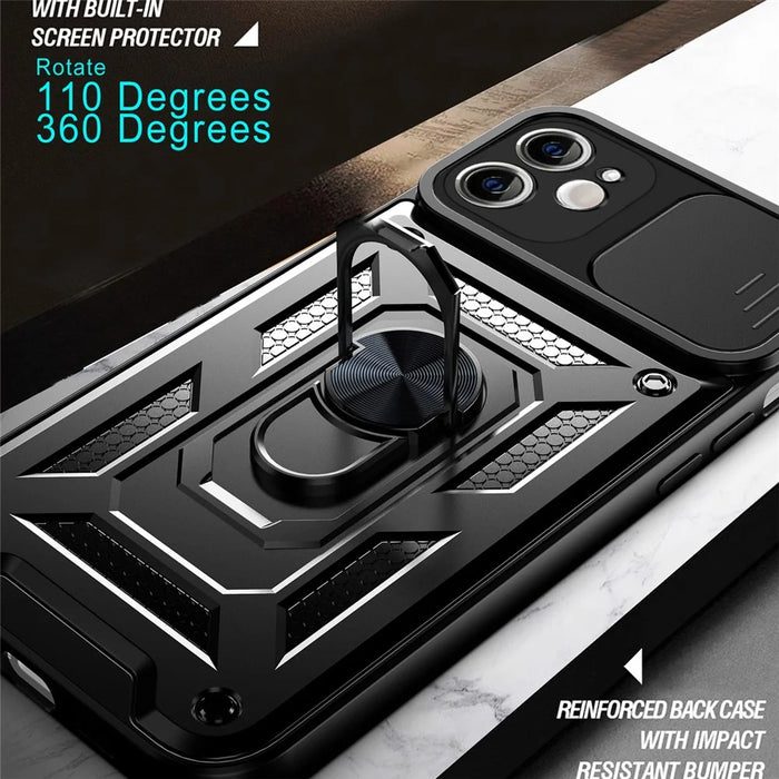 For iPhone 11 Case with Slide Camera Lid PC+TPU Kickstand Phone Cover - Black - 7