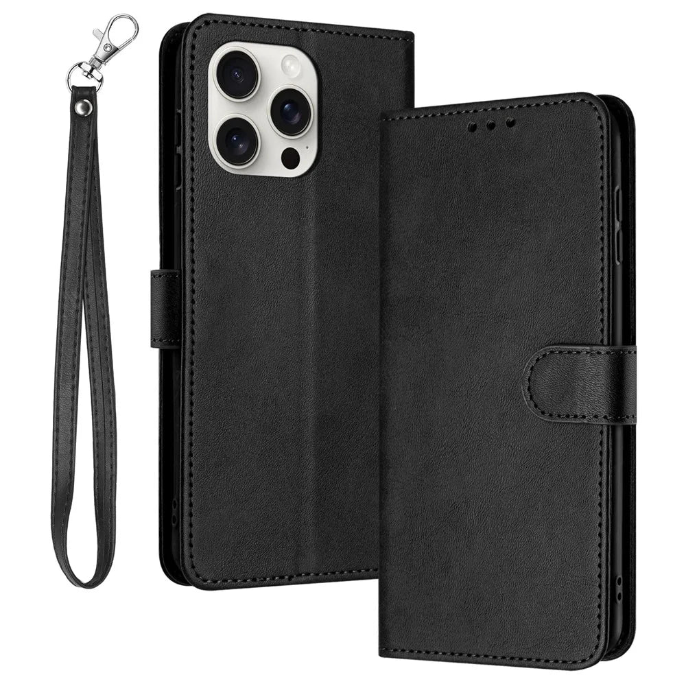 For iPhone 16 Pro Case 3 Card Holder Flip Folio PU Leather Phone Cover - Black - 1