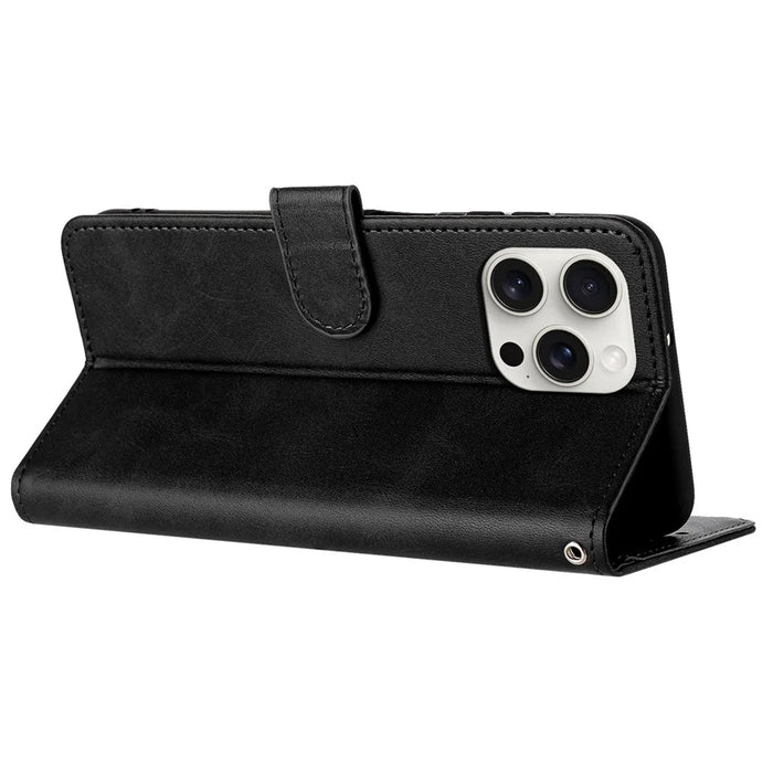 For iPhone 16 Pro Case 3 Card Holder Flip Folio PU Leather Phone Cover - Black - 2