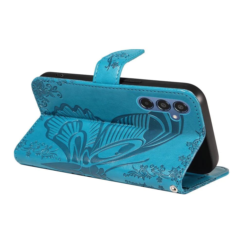 For Samsung Galaxy M35 5G Case Butterfly Design Flip Leather Phone Cover - Blue - 4
