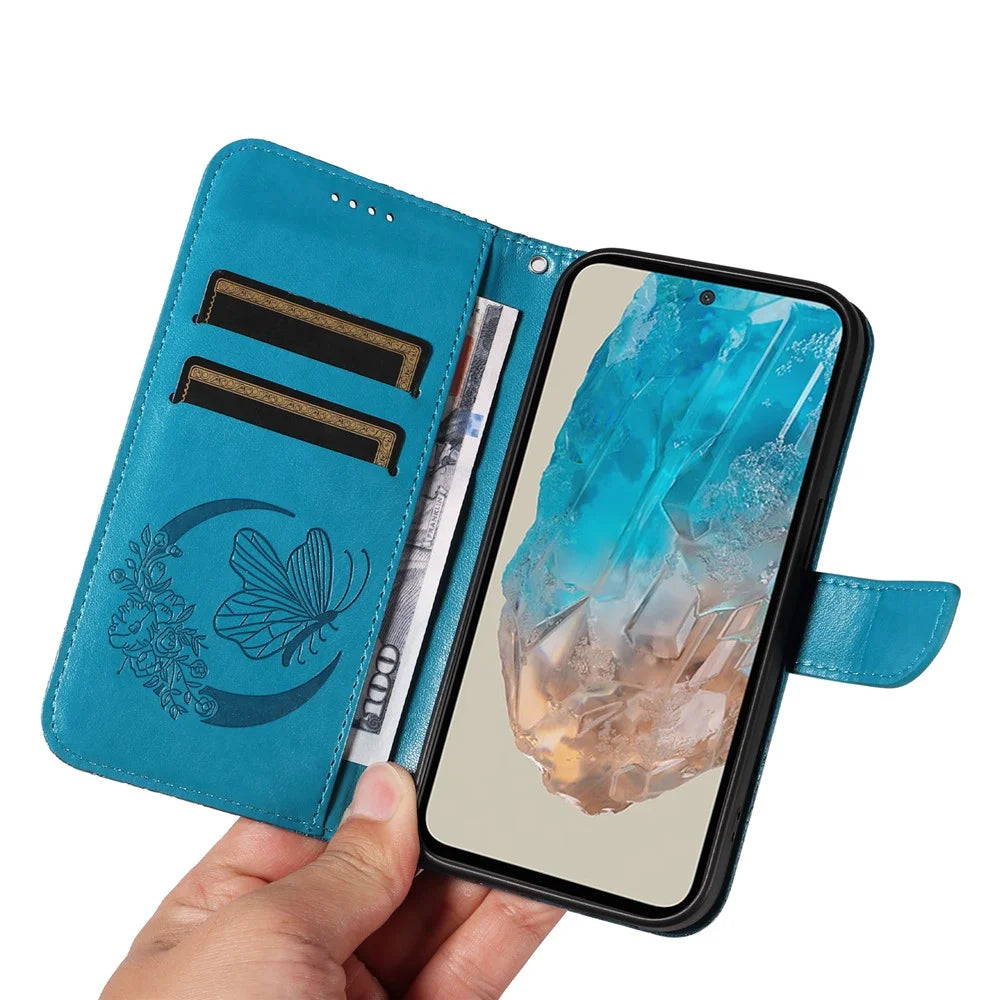 For Samsung Galaxy M35 5G Case Butterfly Design Flip Leather Phone Cover - Blue - 5