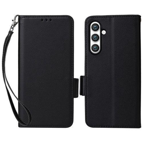 For Samsung Galaxy S24 FE Case with Wrist Strap Litchi Texture PU Leather Wallet Phone Cover - Black - 1