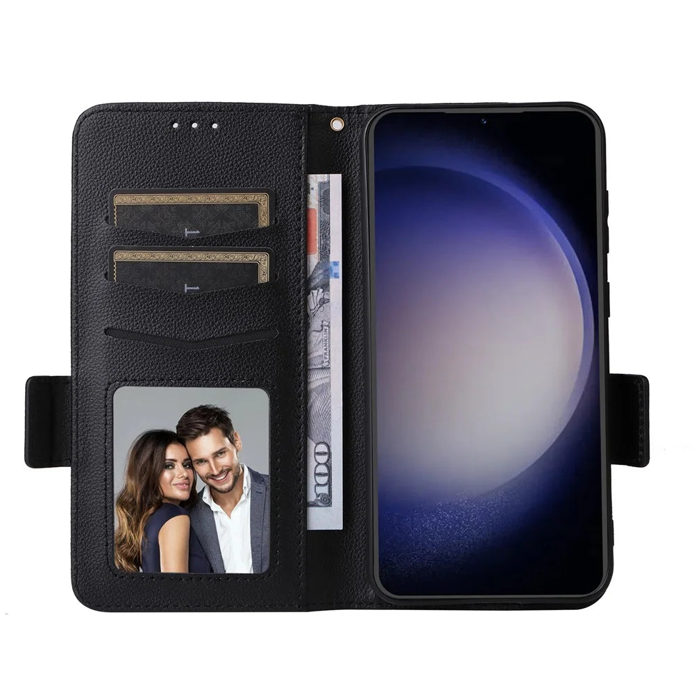 For Samsung Galaxy S24 FE Case with Wrist Strap Litchi Texture PU Leather Wallet Phone Cover - Black - 2