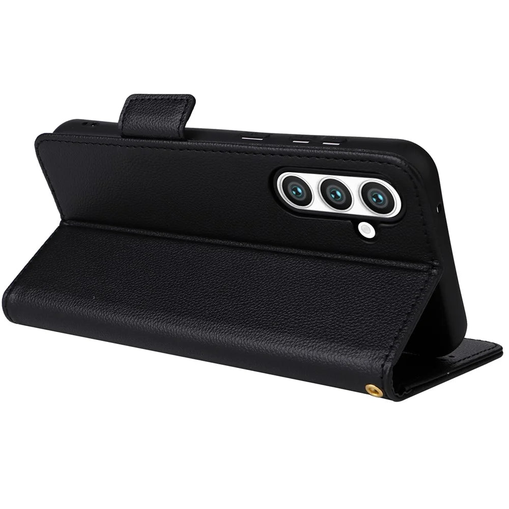 For Samsung Galaxy S24 FE Case with Wrist Strap Litchi Texture PU Leather Wallet Phone Cover - Black - 4
