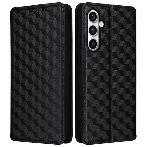 For Samsung Galaxy S24 FE Wallet Case Rhombus Imprint Leather Phone Cover - Black - 1