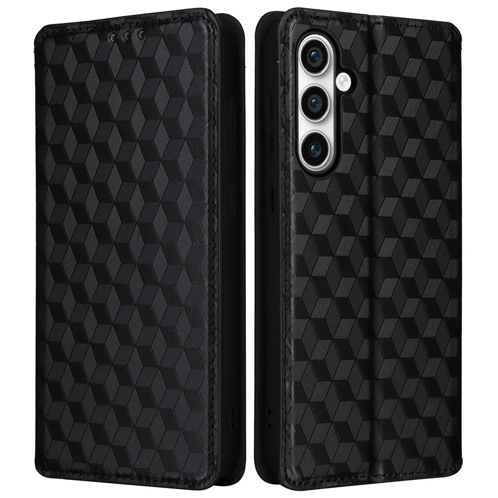 For Samsung Galaxy S24 FE Wallet Case Rhombus Imprint Leather Phone Cover - Black - 1