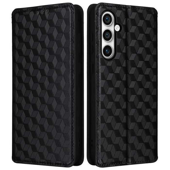 For Samsung Galaxy S24 FE Wallet Case Rhombus Imprint Leather Phone Cover - Black - 1