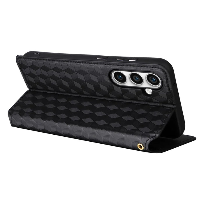For Samsung Galaxy S24 FE Wallet Case Rhombus Imprint Leather Phone Cover - Black - 4