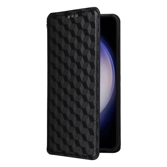 For Samsung Galaxy S24 FE Wallet Case Rhombus Imprint Leather Phone Cover - Black - 5