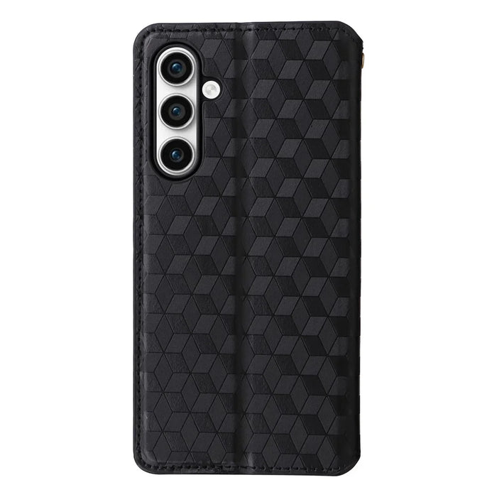 For Samsung Galaxy S24 FE Wallet Case Rhombus Imprint Leather Phone Cover - Black - 6