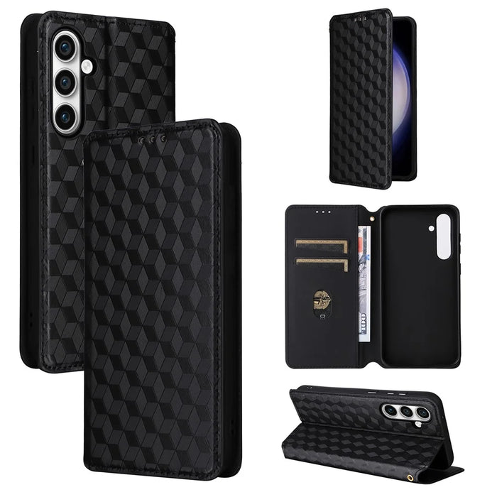 For Samsung Galaxy S24 FE Wallet Case Rhombus Imprint Leather Phone Cover - Black - 7