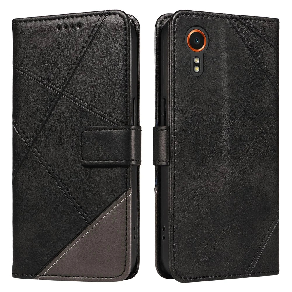 For Samsung Galaxy Xcover7 Case Shockproof Geometric Line Leather Phone Cover Card Holder - Black - 1