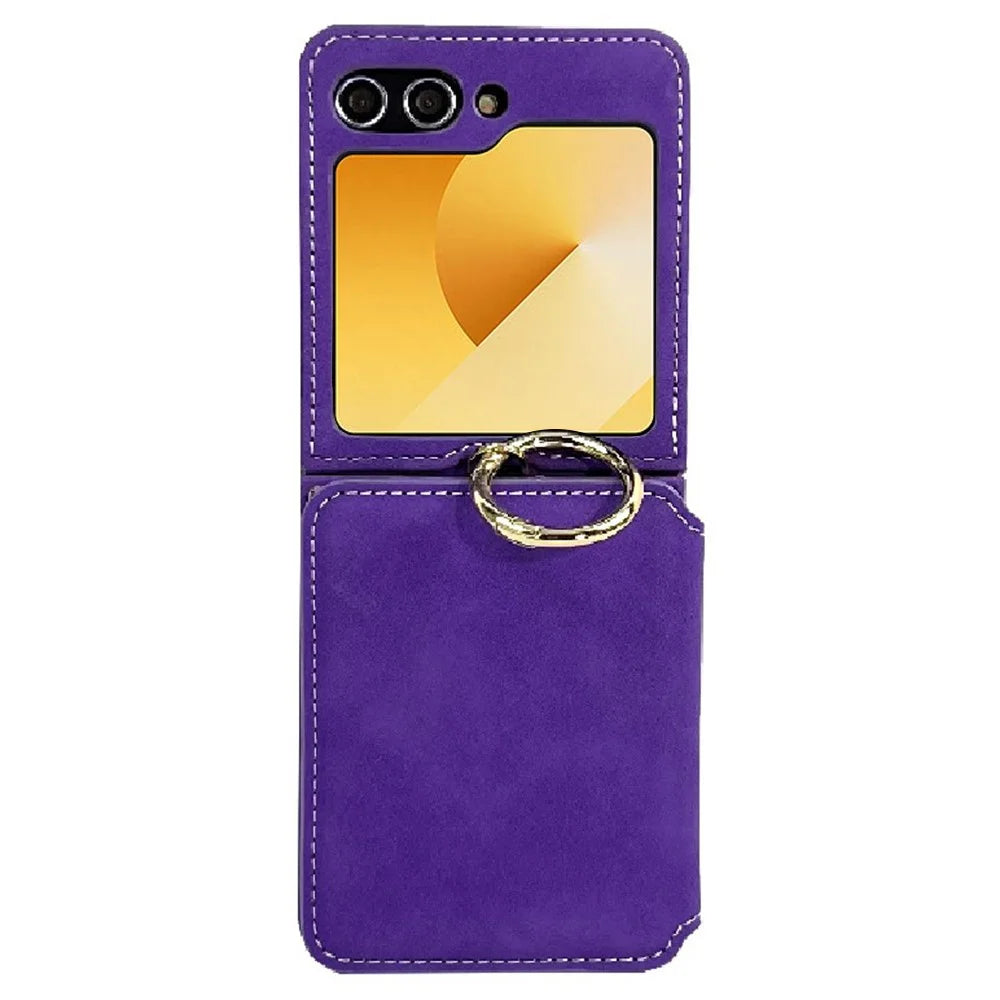 For Samsung Galaxy Z Flip7 FE 5G / Z Flip6 5G Case Card Slot Finger Ring Holder Leather + PC Phone Cover - Purple - 1