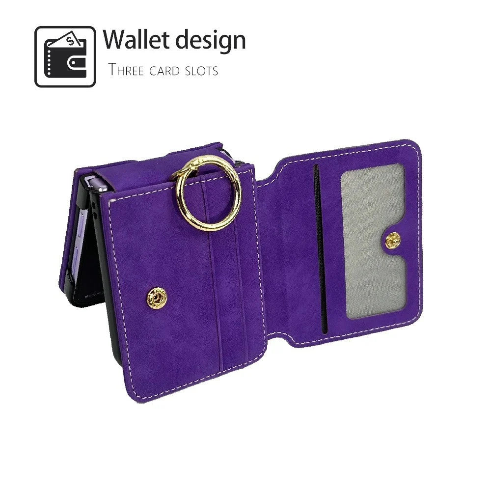 For Samsung Galaxy Z Flip7 FE 5G / Z Flip6 5G Case Card Slot Finger Ring Holder Leather + PC Phone Cover - Purple - 2