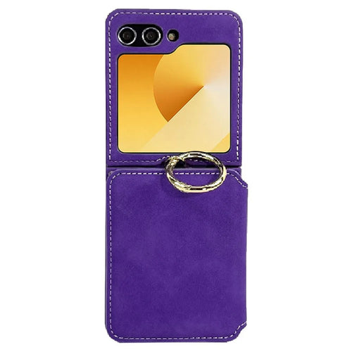 For Samsung Galaxy Z Flip5 5G Case Card Holder Leather + PC Phone Cover with Finger Ring - Purple - 1