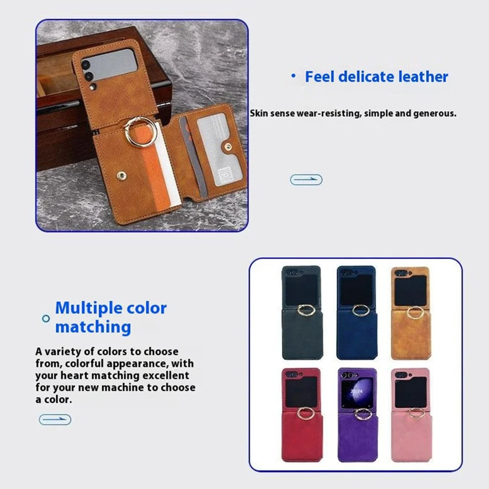 For Samsung Galaxy Z Flip5 5G Case Card Holder Leather + PC Phone Cover with Finger Ring - Purple - 5